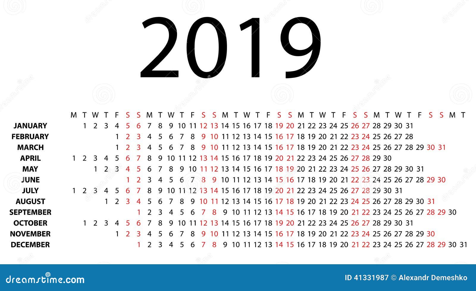 horizontal-calendar-for-2019-on-white-stock-vector-illustration-of