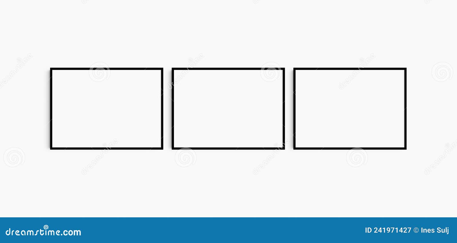 horizontal frame mockup 7:5, 70x50, a4, a3, a2, a1 landscape. set of three thin black frames. gallery wall mockup, set of 3 frames