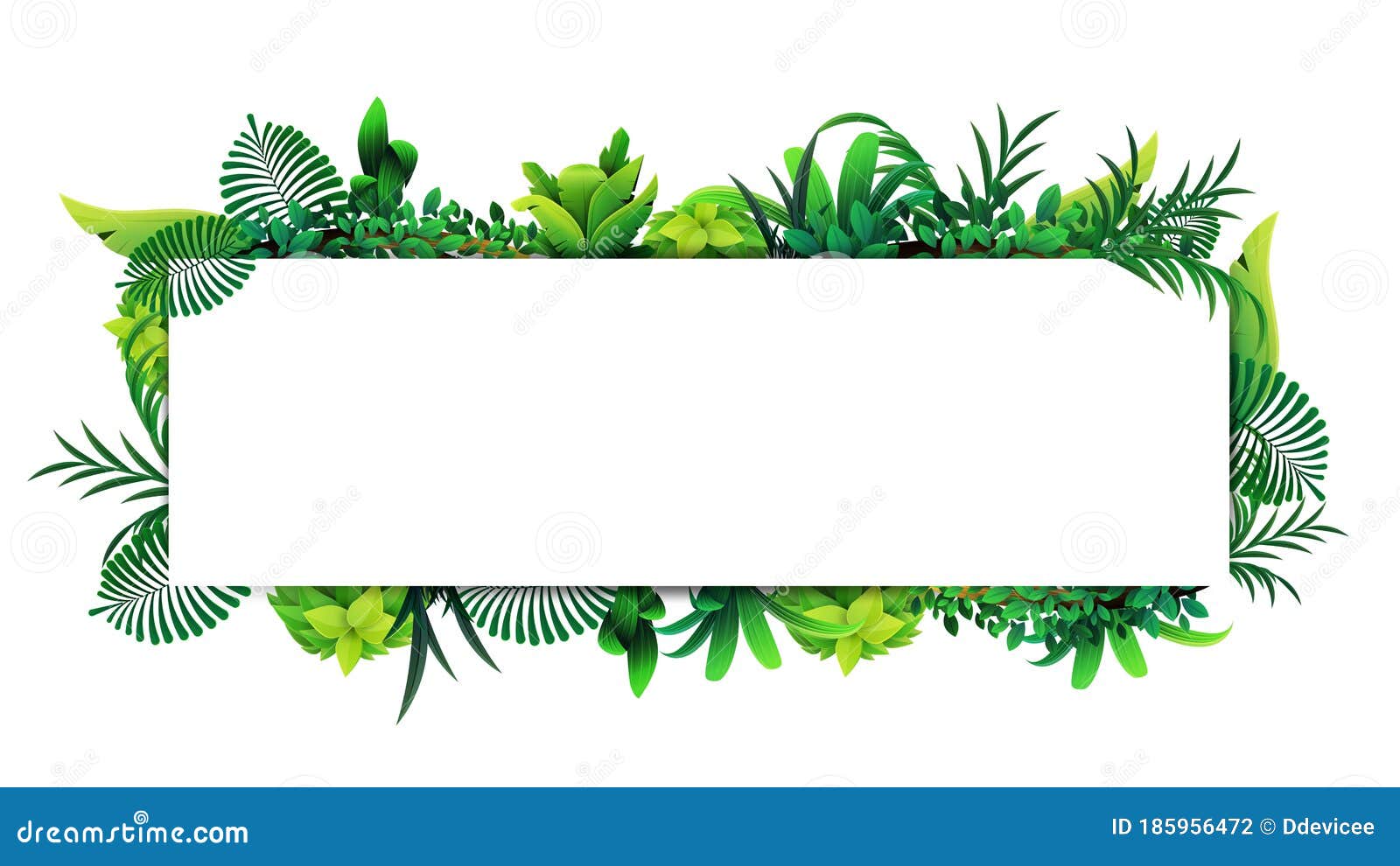 horizontal frame of tropical leaves around a white empty rectangle.