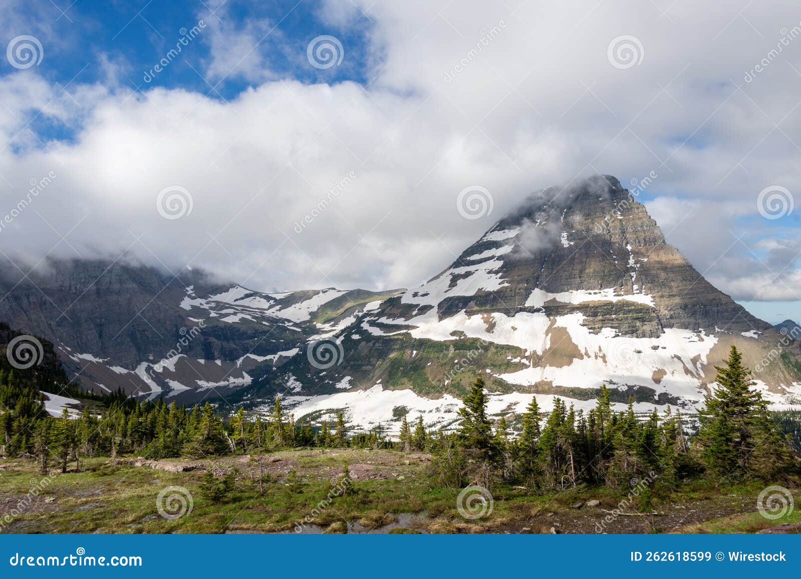 horizontal image of sinopah mountain half covered with snow and trees in glacier national park
