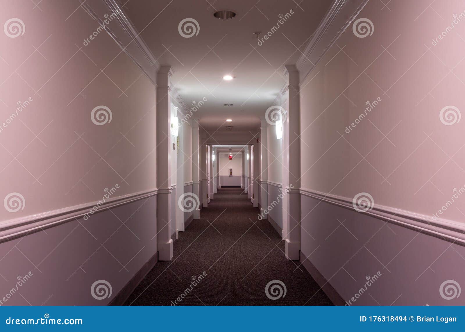 horizontal interior view of the hallway of a modern apartment building; with sconces, doorways, molding, lighting  and carpeting