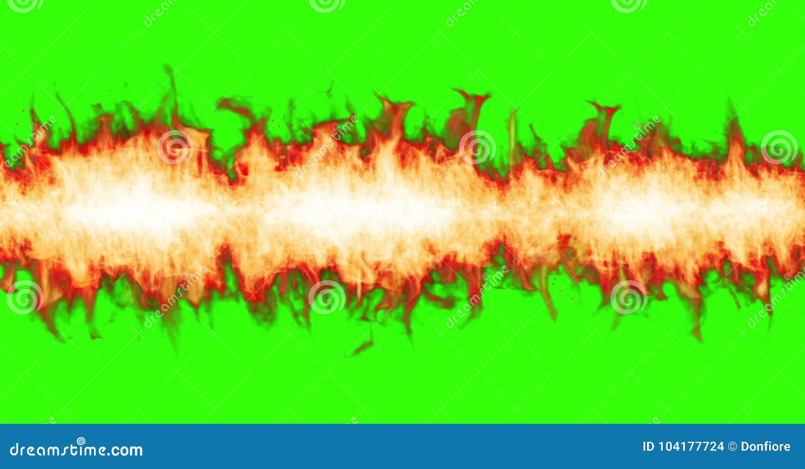 Horizontal Line of Real Flame Fire with Smoke in Chroma Key Green