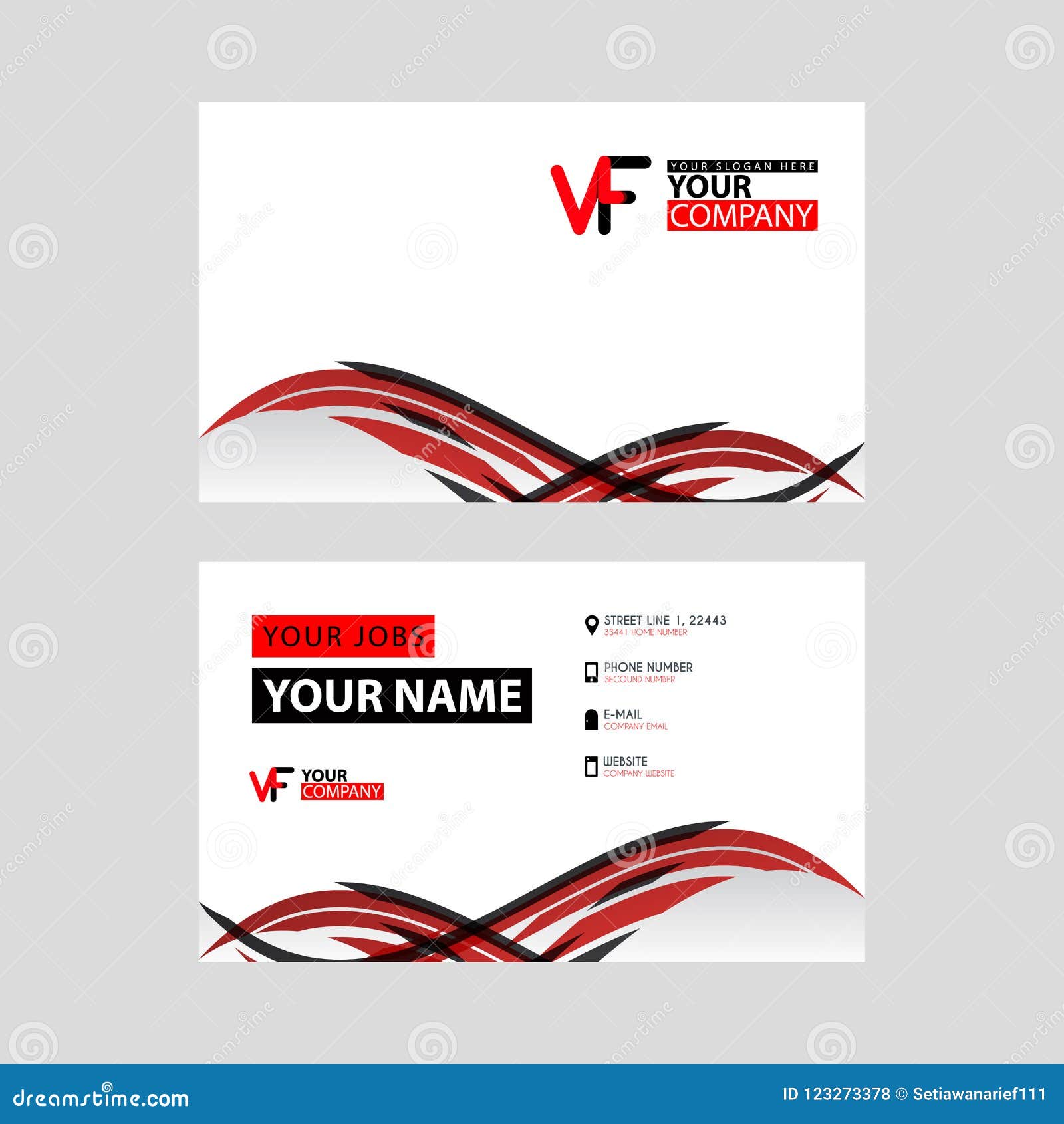 horizontal name card with vf logo letter and simple red black and triangular decoration on the edge.