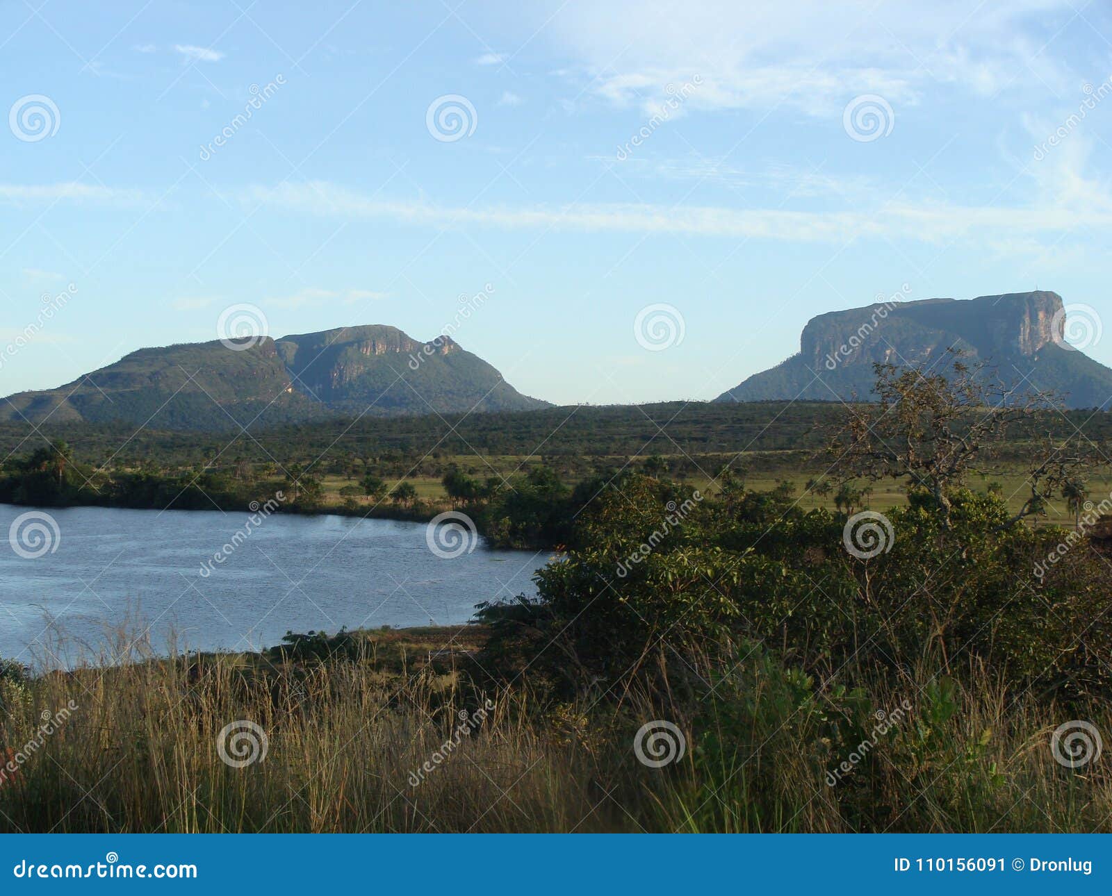Savanna, river and tepuy In Venezuelan Amazon. Horizontal photograph of the savanna, river and tepuy covered by the blue sky and surrounded by vegetation