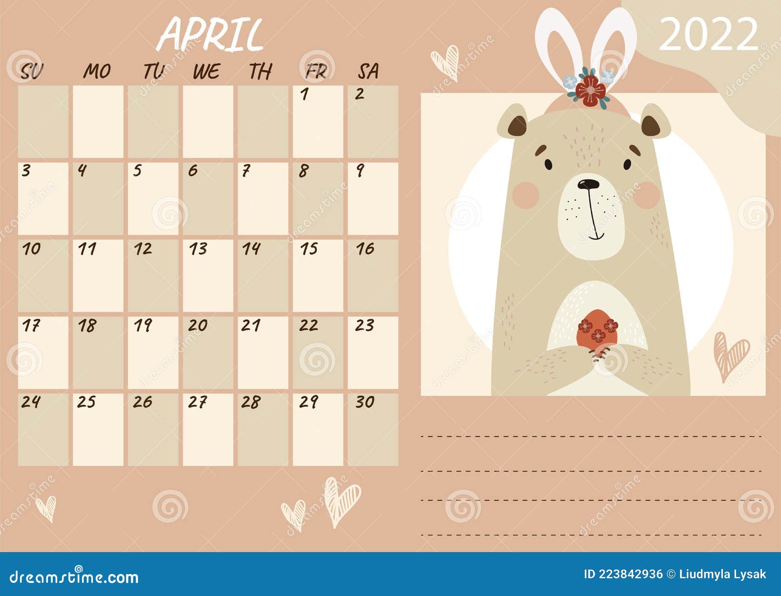 Horizontal Planner Calendar Template For April 2022 Cute Bear With Easter Bunny Ears And With An Easter Egg Vector Illustration Stock Vector Illustration Of Funny 2022 223842936
