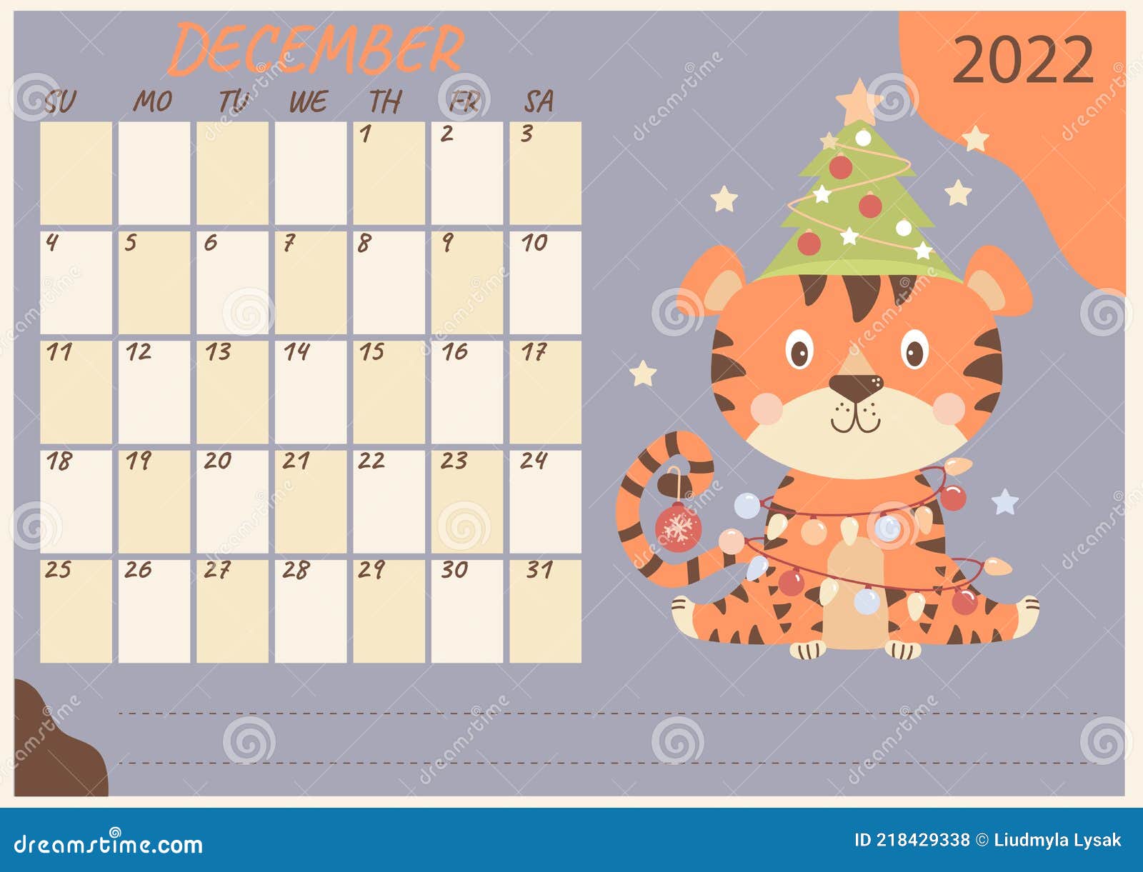 December 2022 Calendar Template Planner Calendar Template For December 2022. Cute Tiger With Christmas  Tree, Toys And Garlands. Year Of The Tiger In Stock Vector - Illustration  Of Sunday, Stationery: 218429338