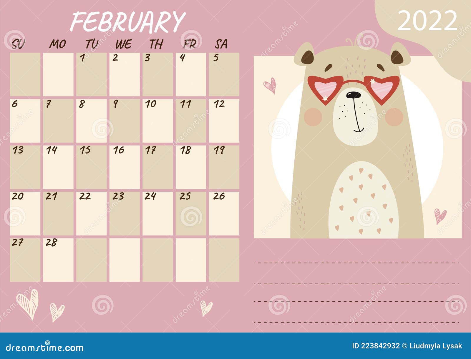 February 2022 Calendar Cute Horizontal Planner Calendar Template For February 2022. Cute Enamored Bear  In Glasses Hearts. Vector Illustration. Week From Stock Vector -  Illustration Of Kids, Paper: 223842932