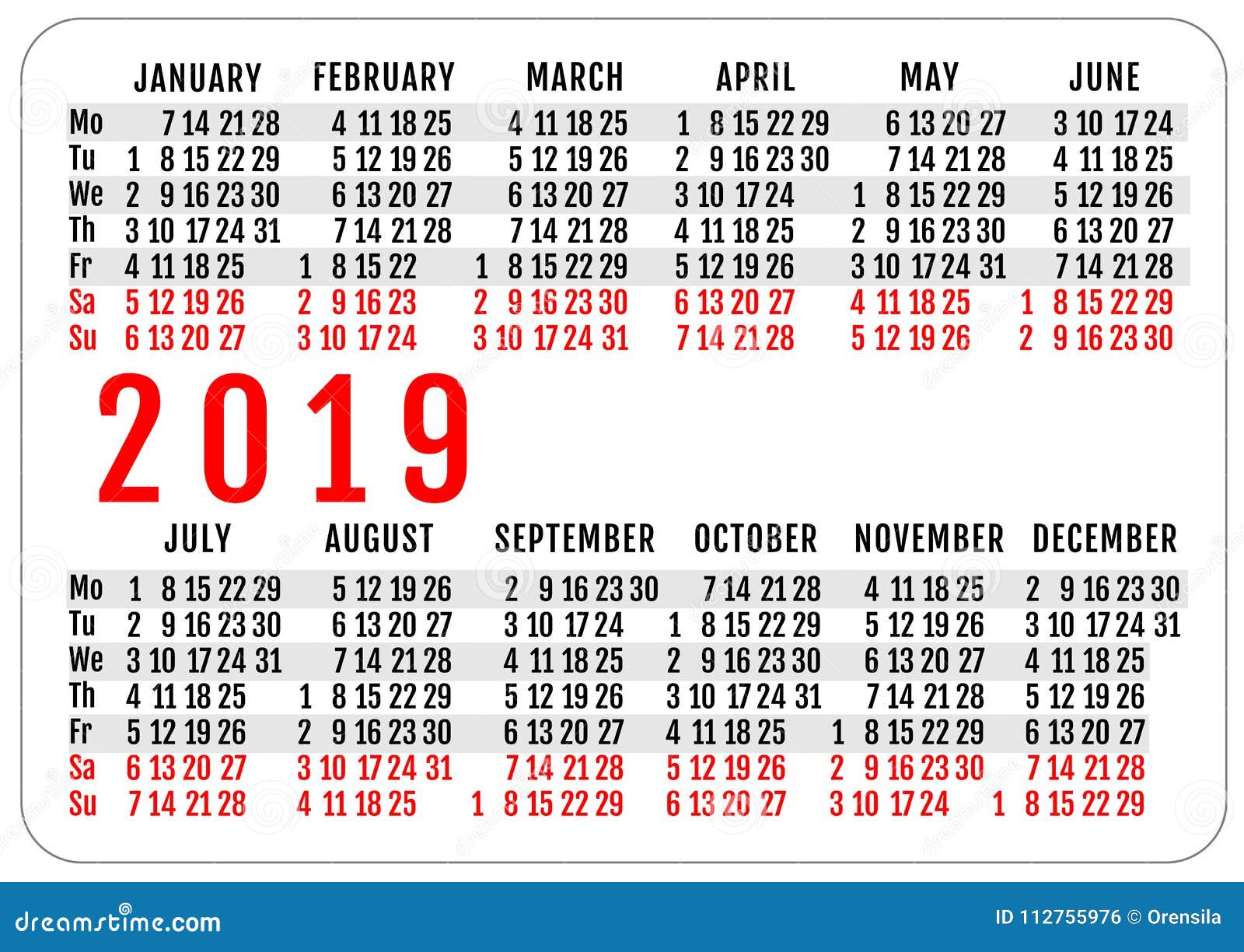 Download 2019 Horizontal Pocket Calendar Grid Template Mockup Stock ...