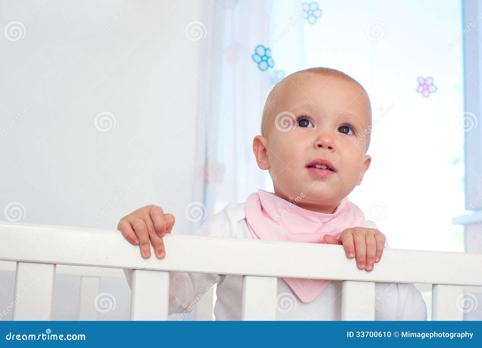 Horizontal Portrait of a Cute Baby in Crib Stock Photo Image of