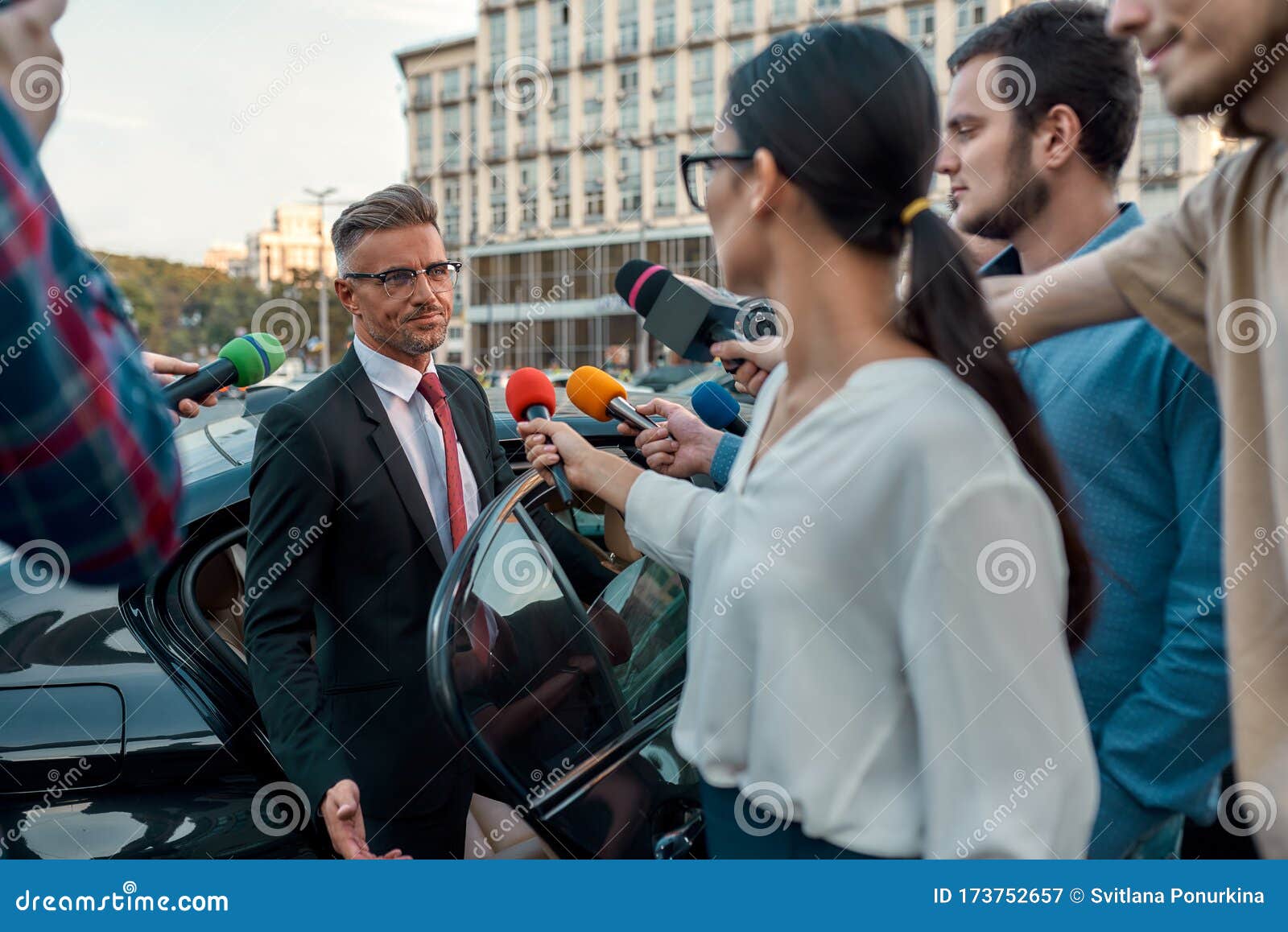 the power of information. reporters trying to interview important person. journalism industry, live streaming concept.