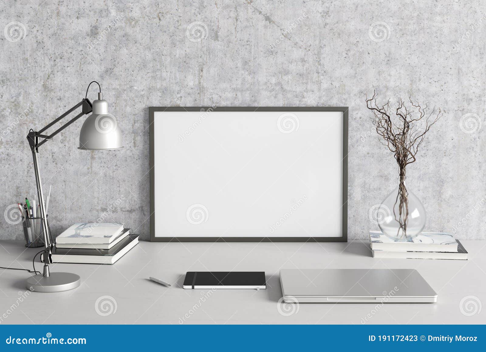 Download Horizontal Poster Frame Mockup On The White Table Of Home Studio Workspace With Concrete Wall ...