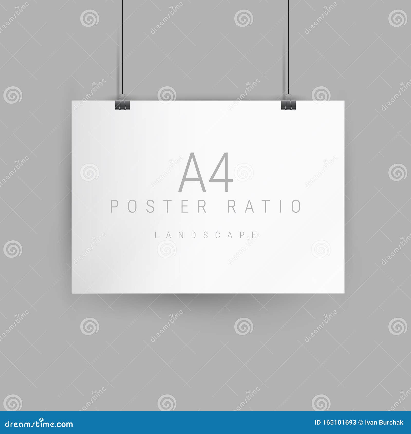 Download Horizontal Poster Mockup. Empty A4 Sized Paper Frame Hanging With Paper Clips. Vector ...