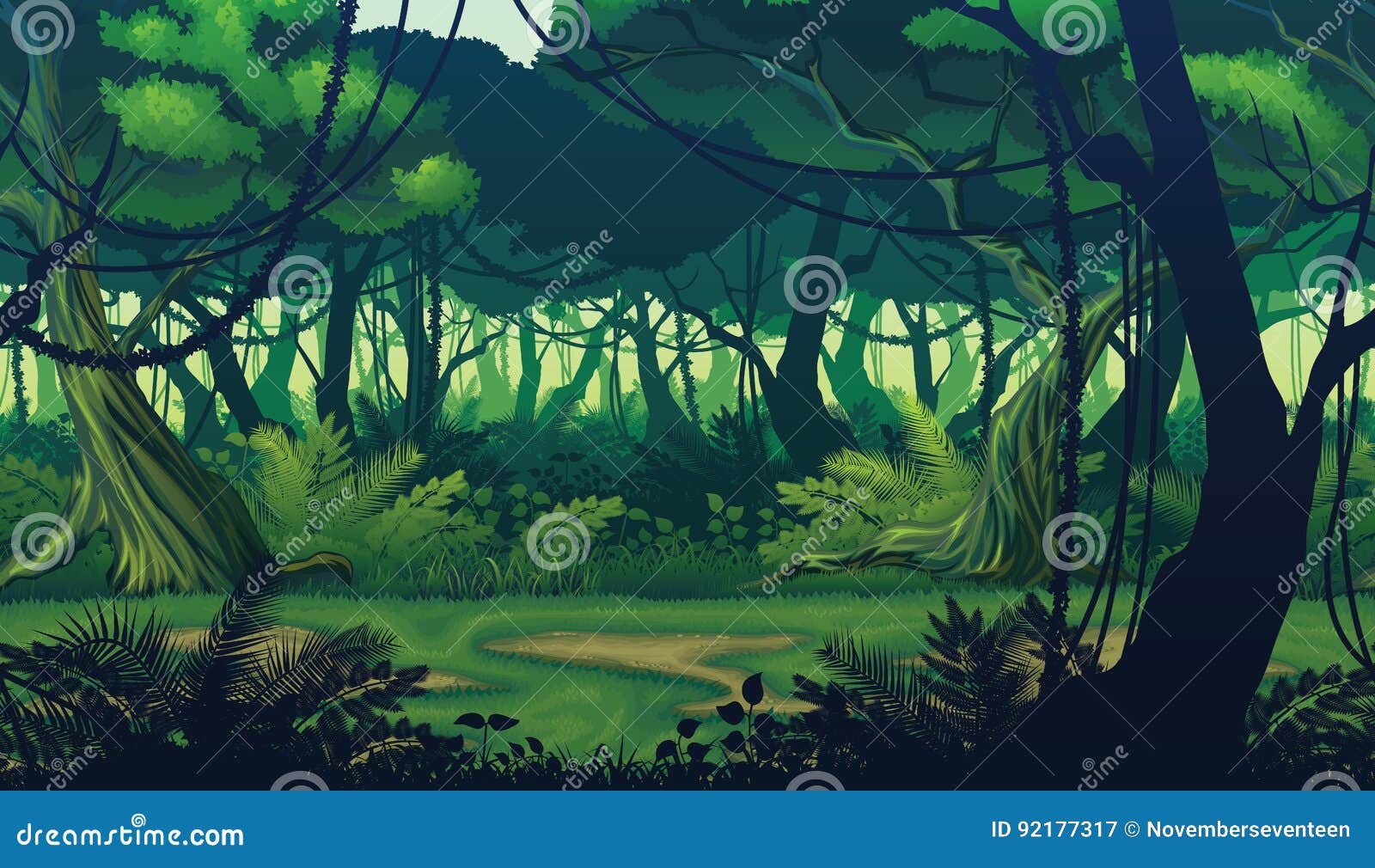 Horizontal Seamless Background Of Landscape With Deep Jungle