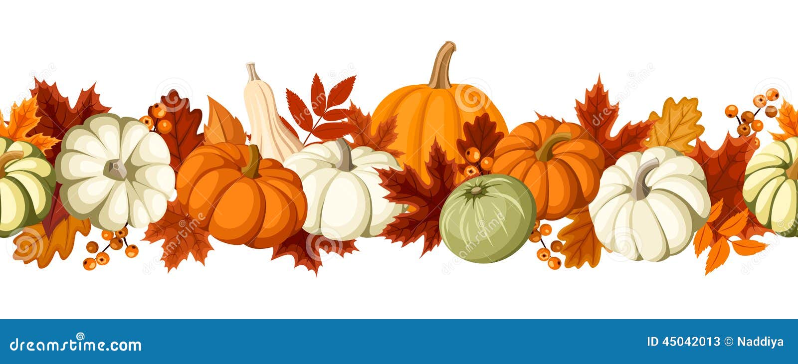 horizontal seamless background with pumpkins and autumn leaves.  .