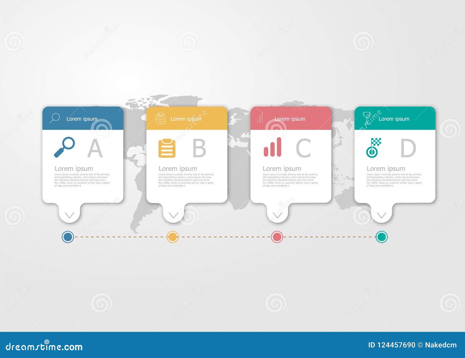 Illustration of horizontal timeline infographics 4 steps for business presentation vector flat background