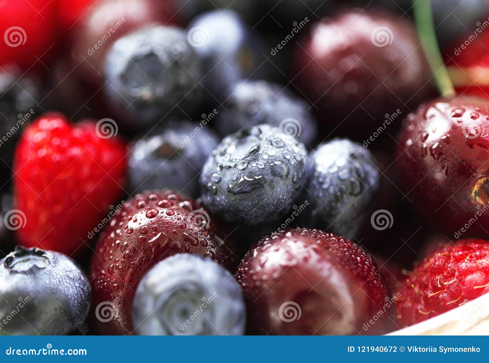 Macro Various Blueberries Covered by Water Drops. Stock Photo Image