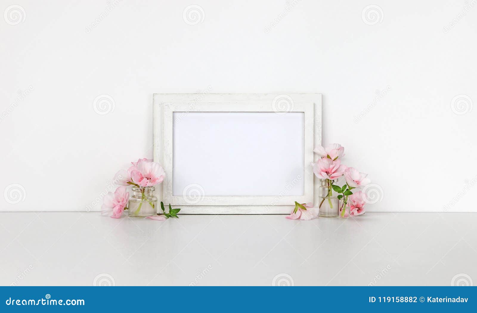 Download Horizontal Wooden Frame Mockup, Little Bottles With Pink ...