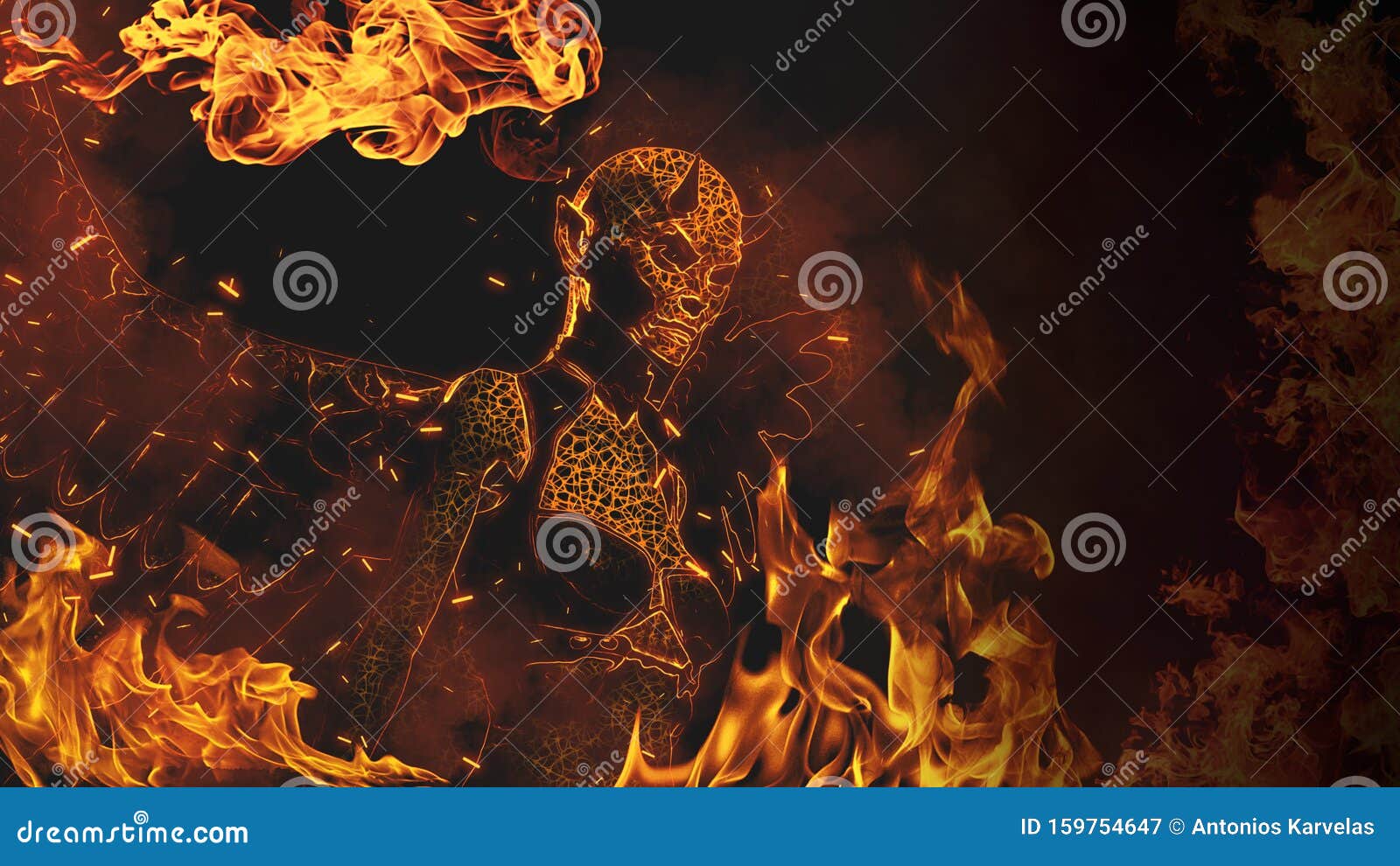 Horned Female Demon in Flames at Dark Background Stock Illustration ...