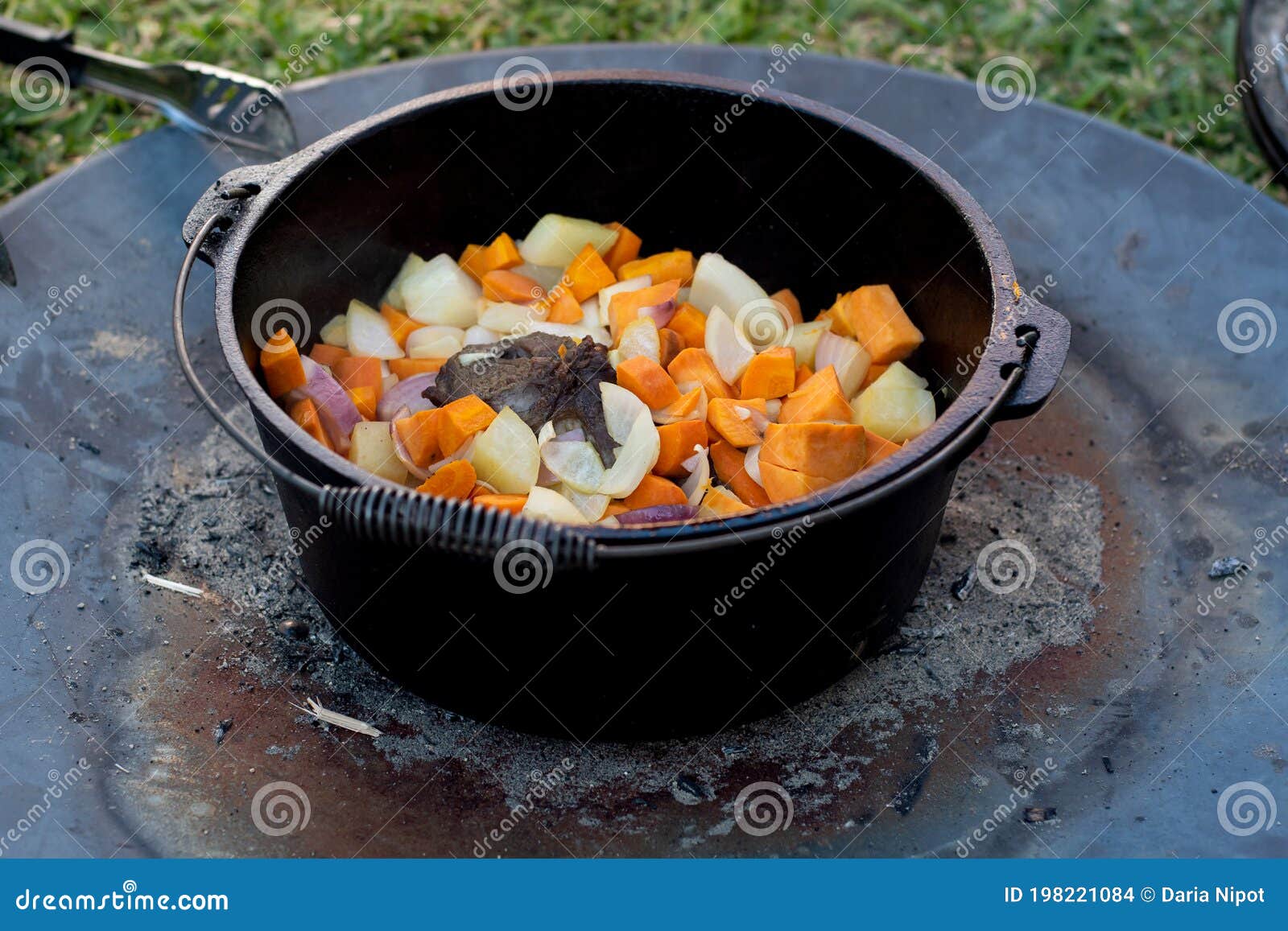 Horno Holandés Campfire Proceso De Cocción Cordero Y Verduras En