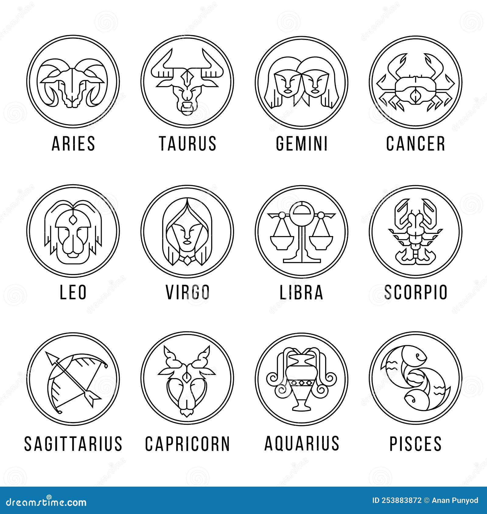 12 Horoscope - Modern Line Shape Zodiac in Circle Icon Sign Collection ...
