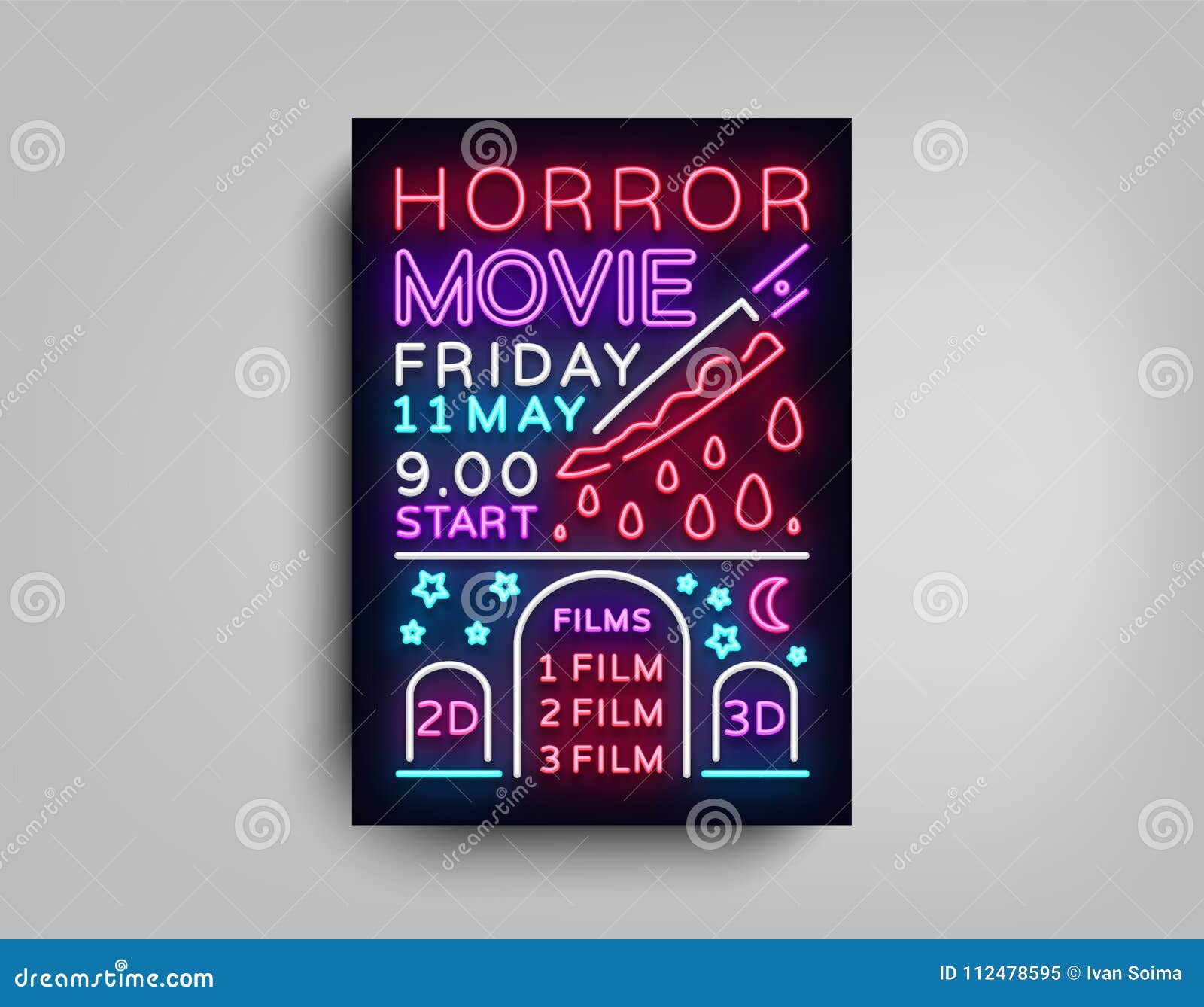 horror movie postcard typography  neon template. brochure in style neon, neon sign, colorful poster, banner light