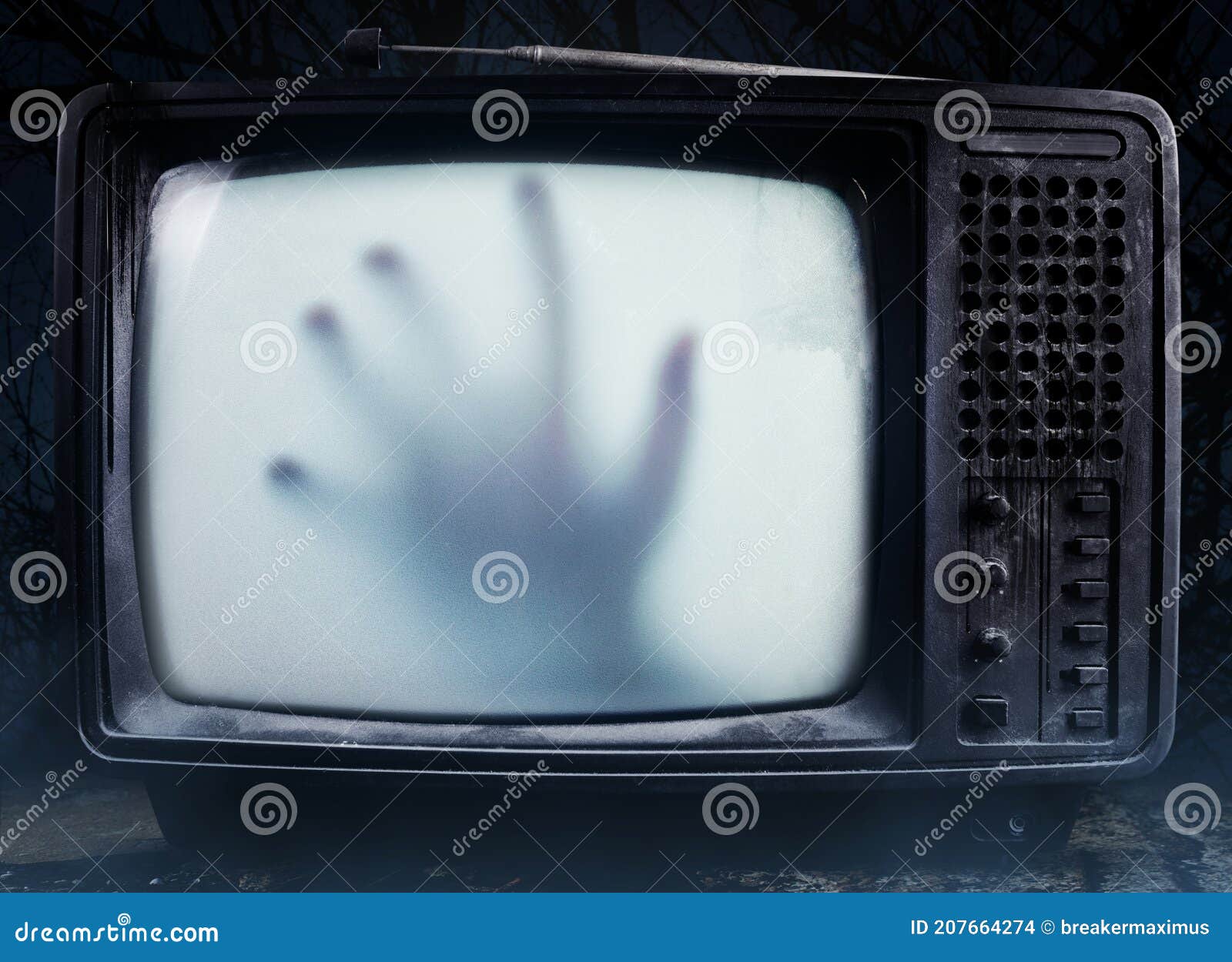 horror tv set on dark background