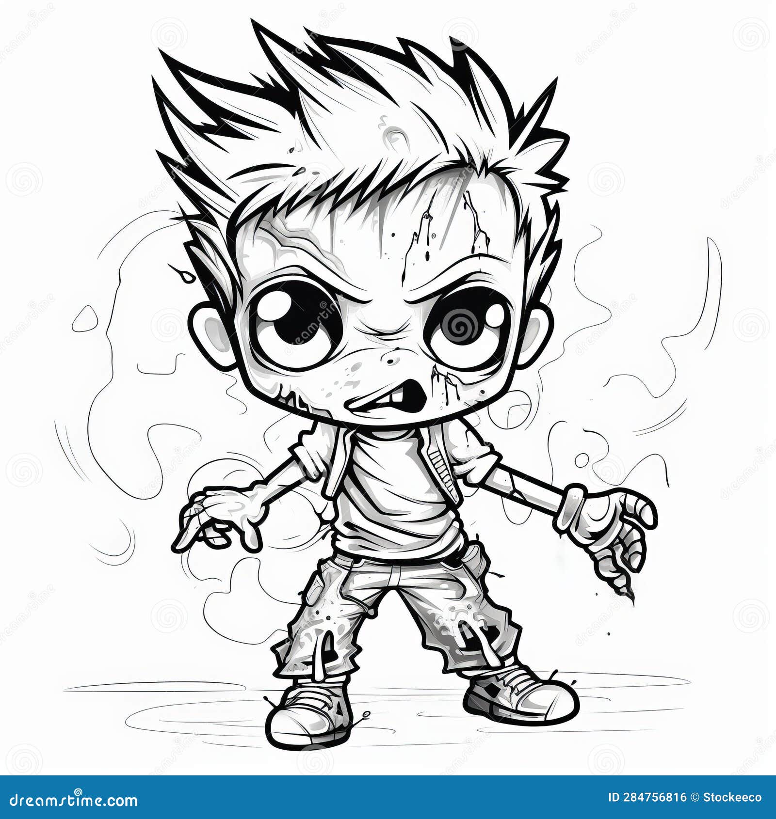 horror zombie child coloring page - 2d outline  pattern