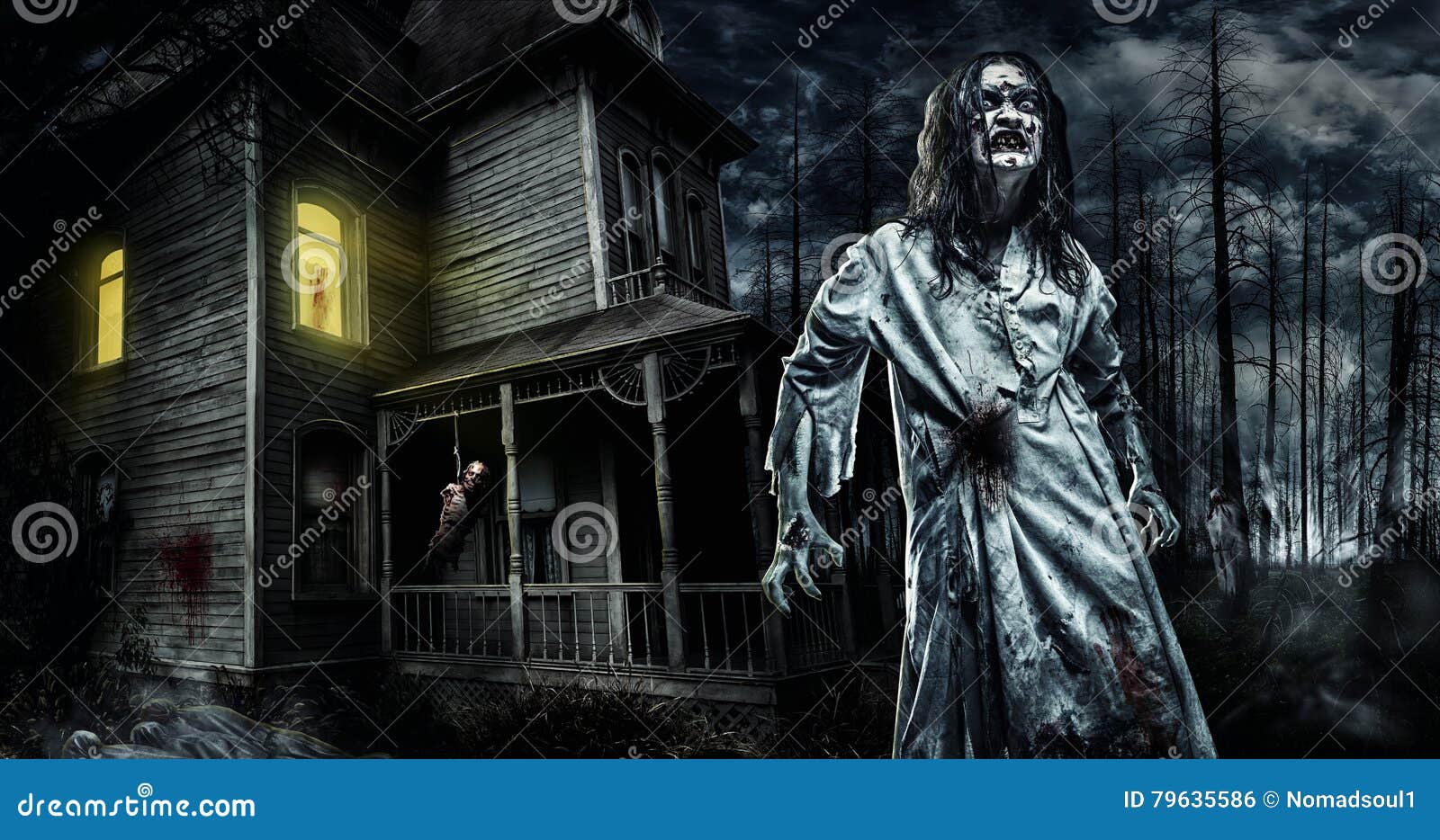 Horror Zombie Near the Abandoned House. Halloween. Stock