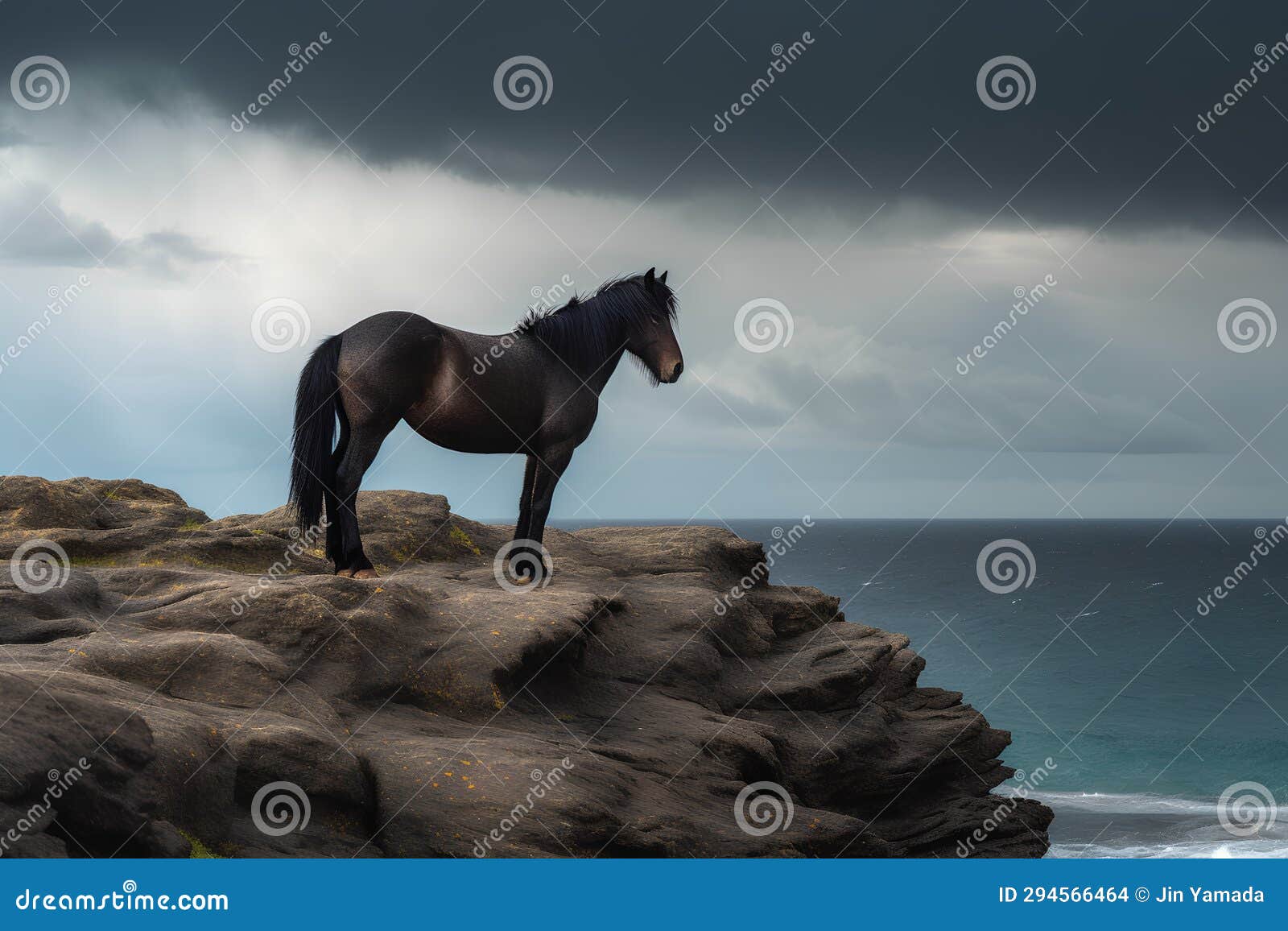 horse on the cliff against stormy sky. 3d render