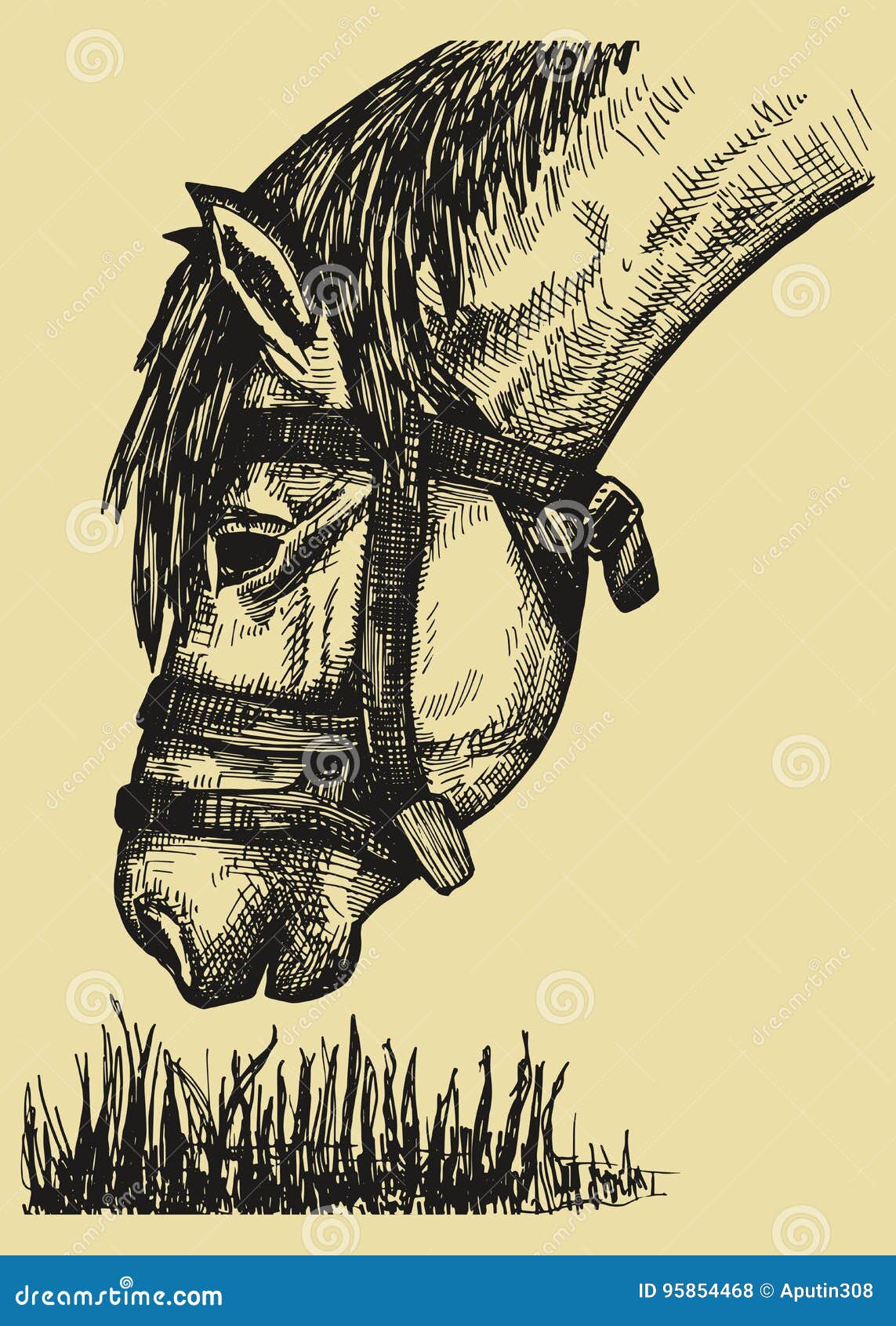 Horse Eating Grass Head. Vector Sketches Stock Vector Illustration of