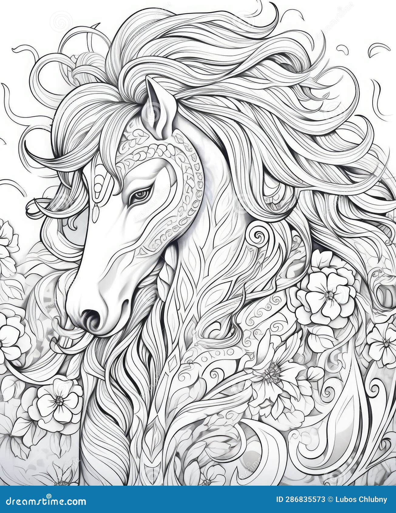 Horse and Flowers. Coloring Page for the Adult Coloring Book Stock