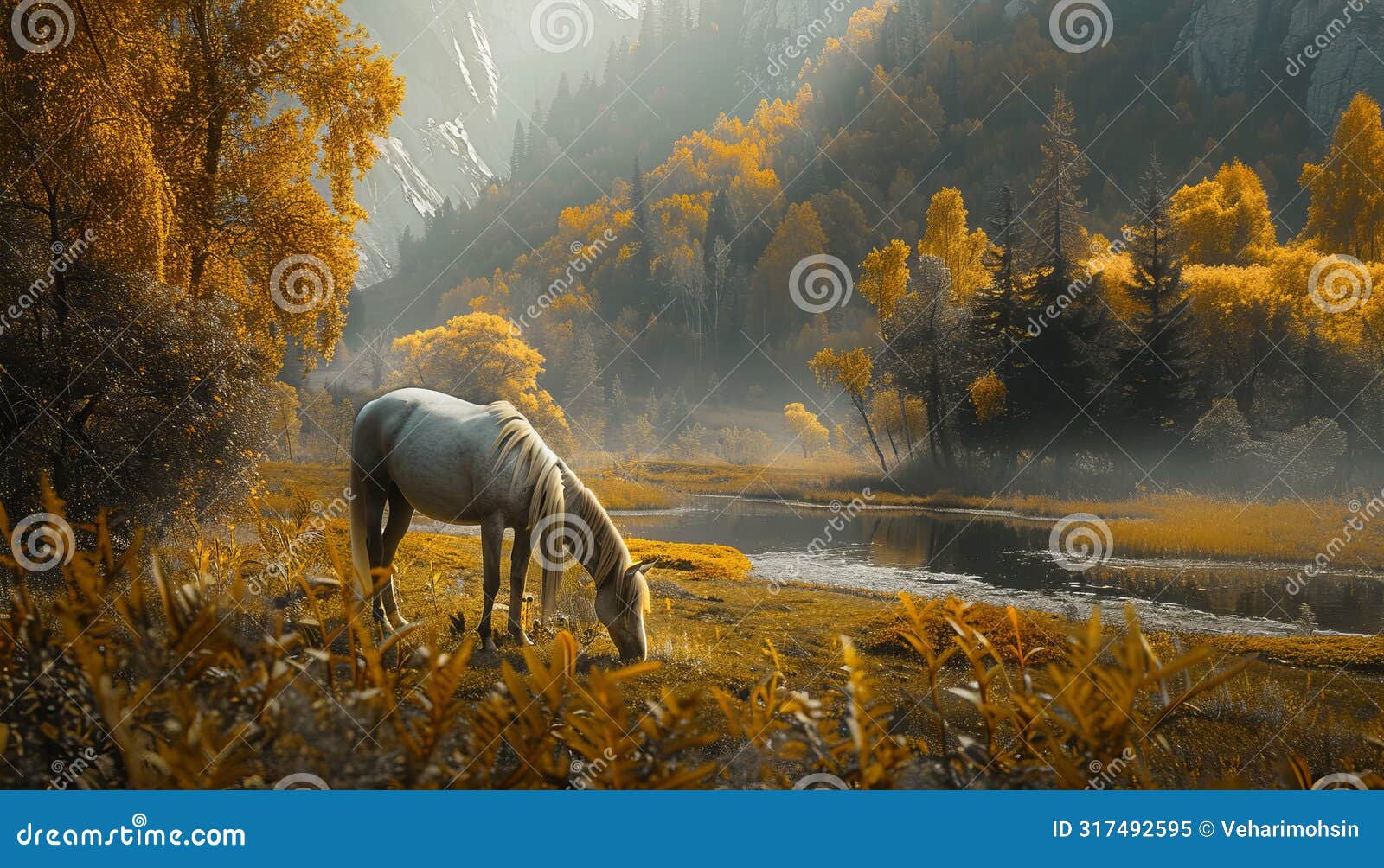 horse grazes in meadow, surrounded by nature