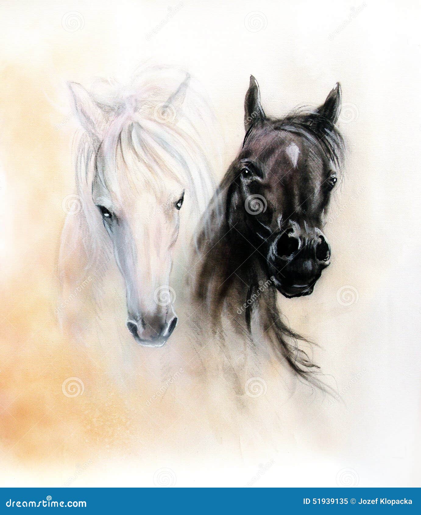 horse heads, two black and white horse spirits, beautiful detail