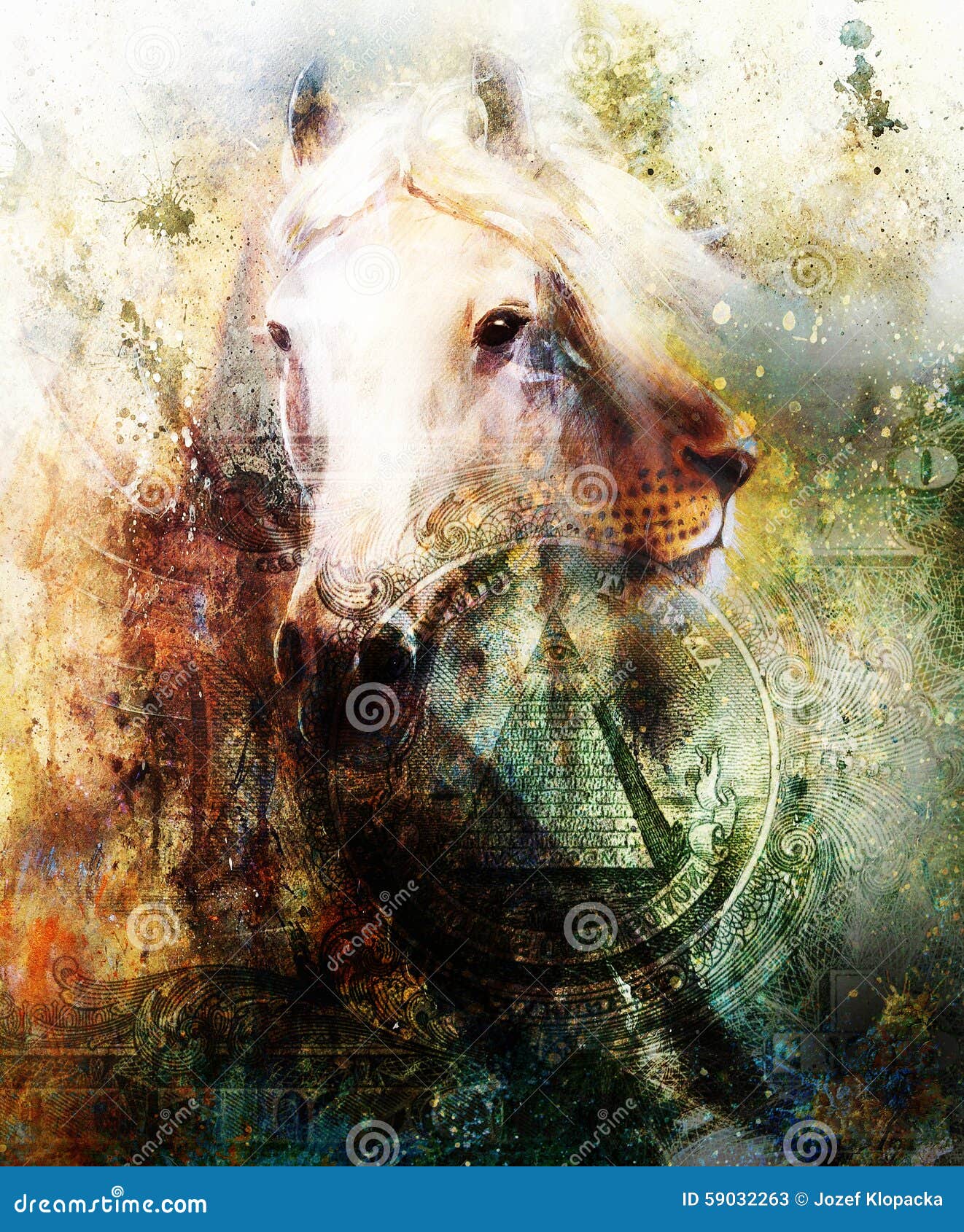 horse and lion heads, abstract ocre background