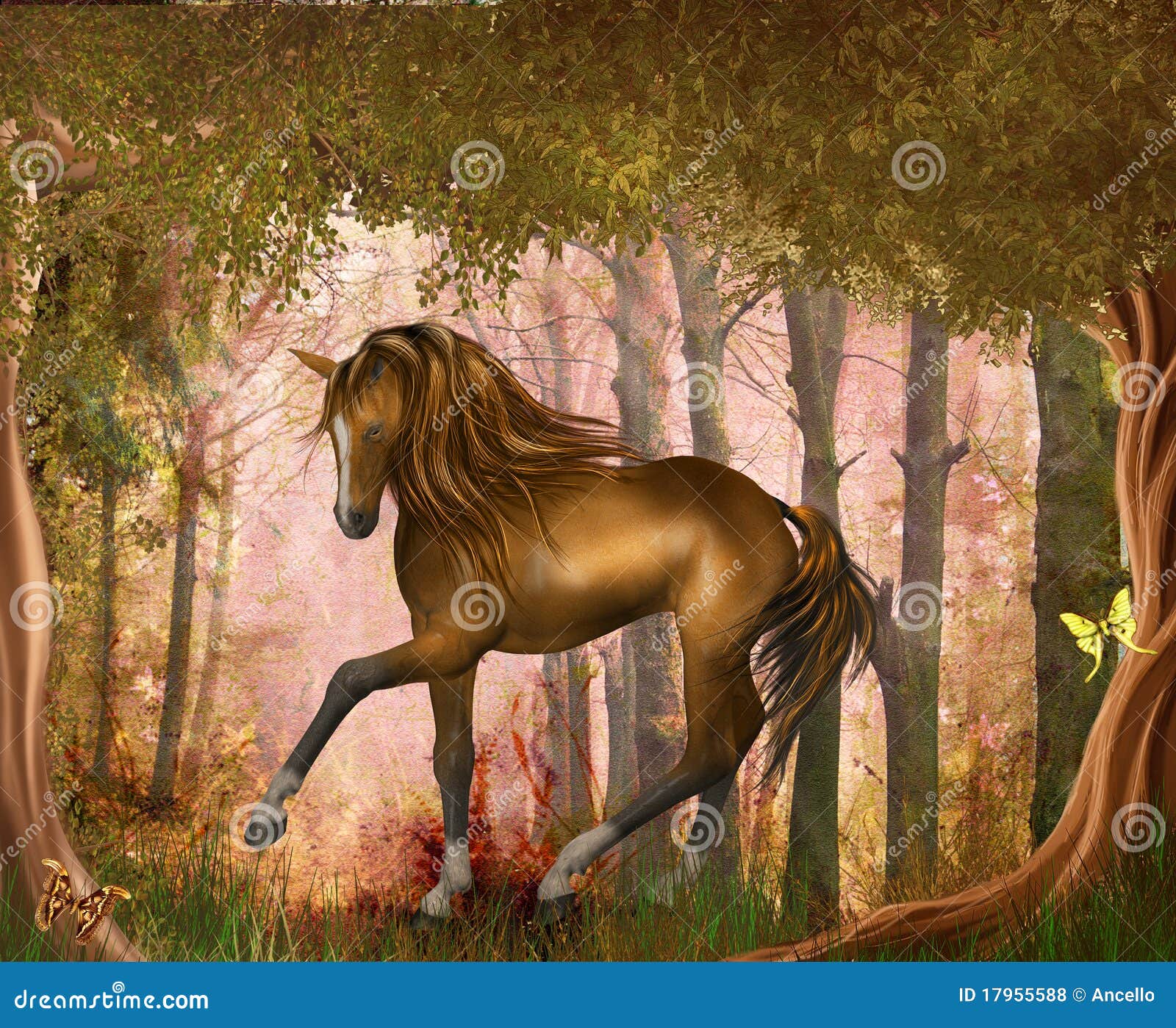 Horse in magic forrest stock illustration. Illustration of digital