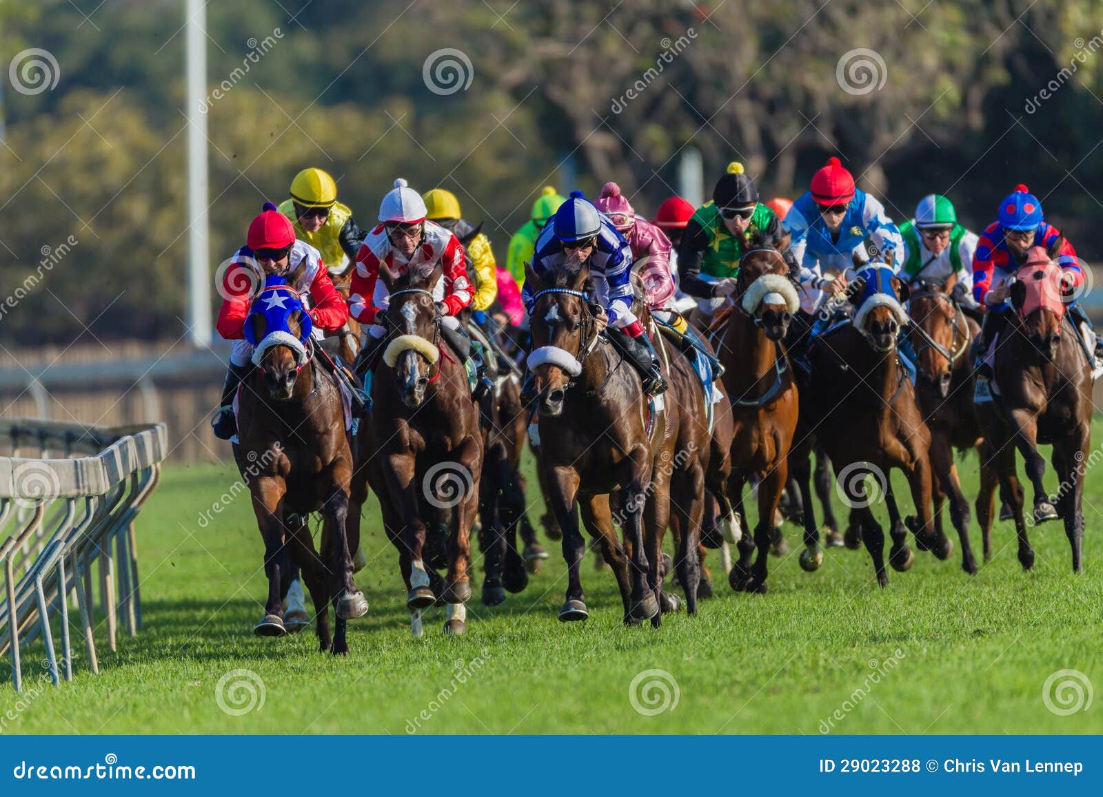 Horse Racing Jockeys Corner Rail Editorial Stock Photo Image of green