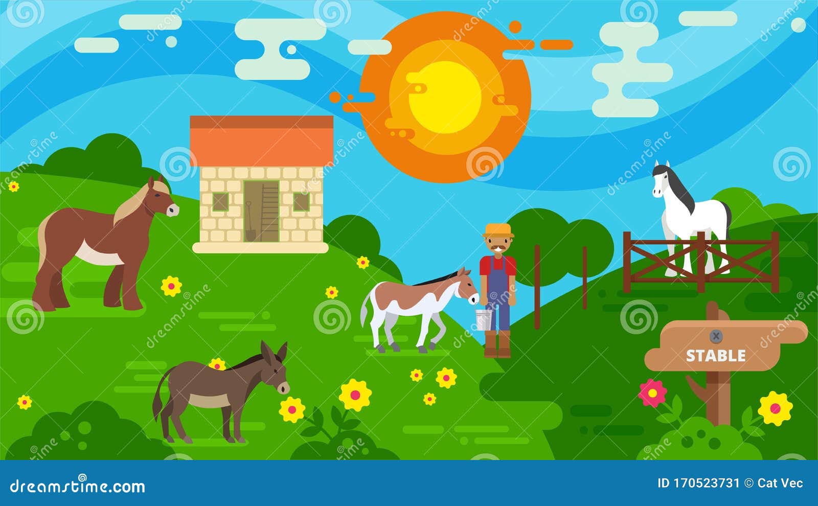 Horse Stable and Pasture Land Vector Illustration Flat Style. Horse Breeder  Farmer at Animal Husbandry. Different Horses Stock Vector - Illustration of  landscape, grass: 170523731