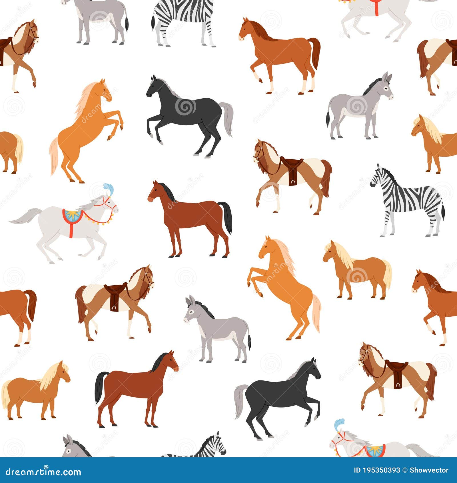 horses seamless pattern  , cartoon flat herbivorous ungulates includes horse, pony, zebra donkey