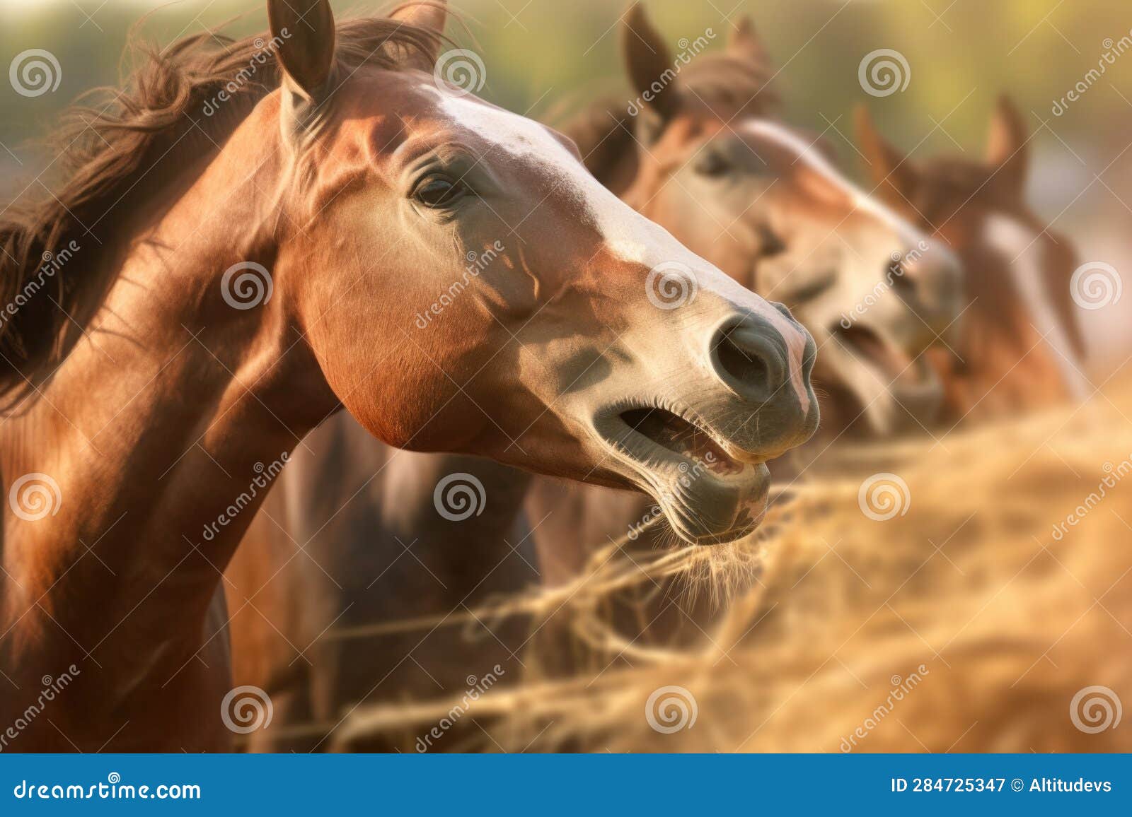 Horses Teeth Grinding Hay with Blurred Background Stock Illustration