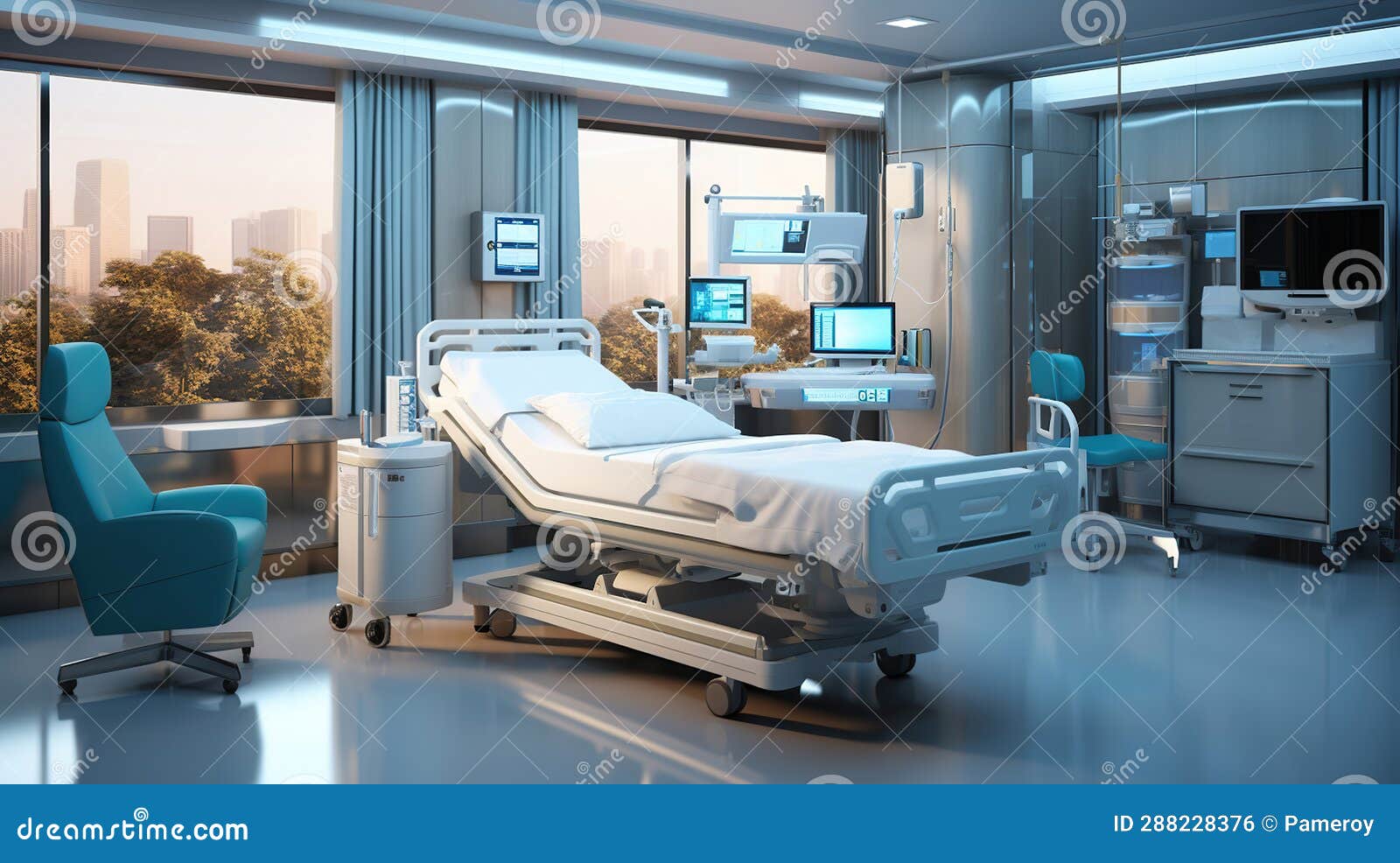 Hospital Bed, Comfort Room. Generative AI Stock Illustration