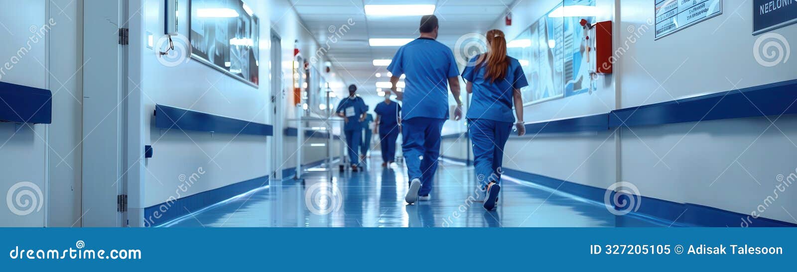 a hospital hallway with doctors and nurses rushing to respond to an emergency, conveying a sense of urgency and dedication