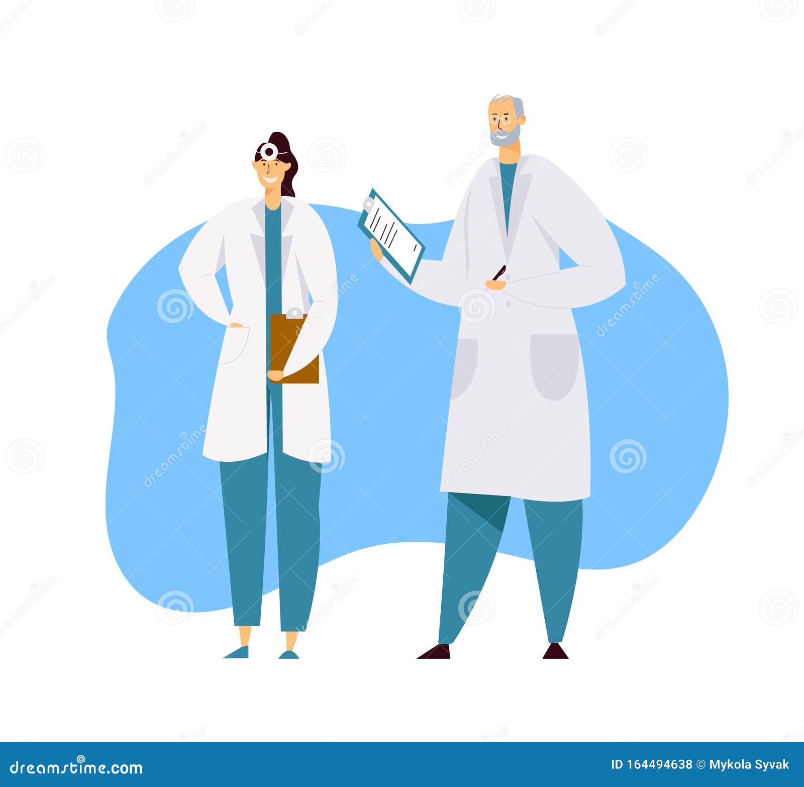 hospital healthcare staff at work, male doctor in medical robe with stethoscope speaking with nurse holding notebook