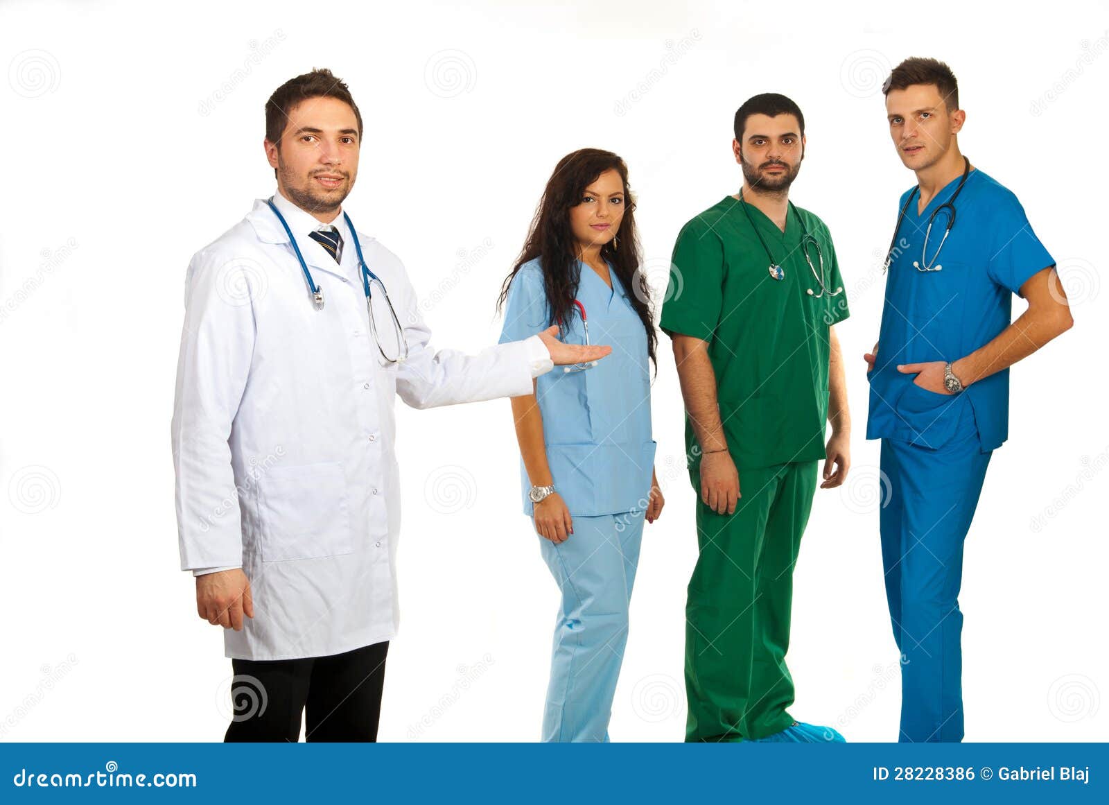 Hospital manager and doctors team. Hospital manager presenting his doctors team isolated on white background