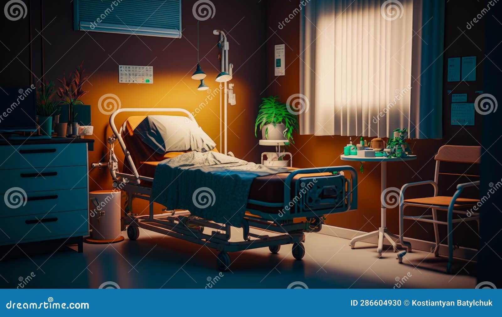Hospital Room with Bed and Table with Plant on it Stock Photo Image