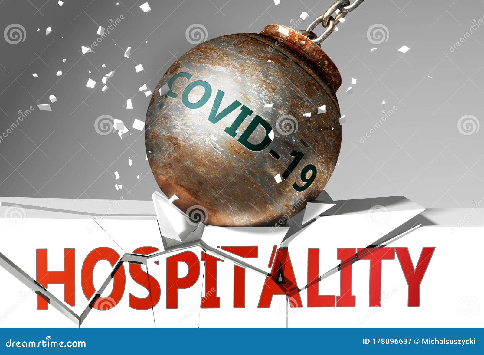hospitality and coronavirus, ized by the virus destroying word hospitality to picture that covid-19  affects hospitality and