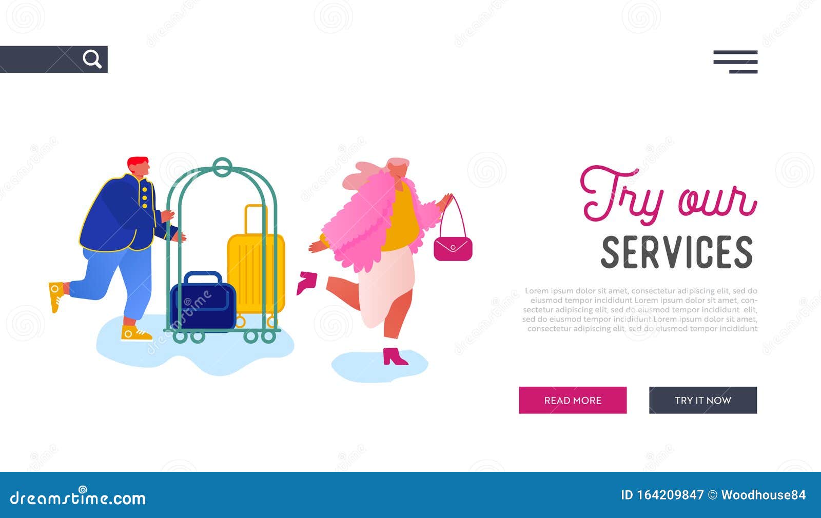hospitality website landing page. hotel staff meeting guest carrying luggage by cart. businesswoman stay in guesthouse