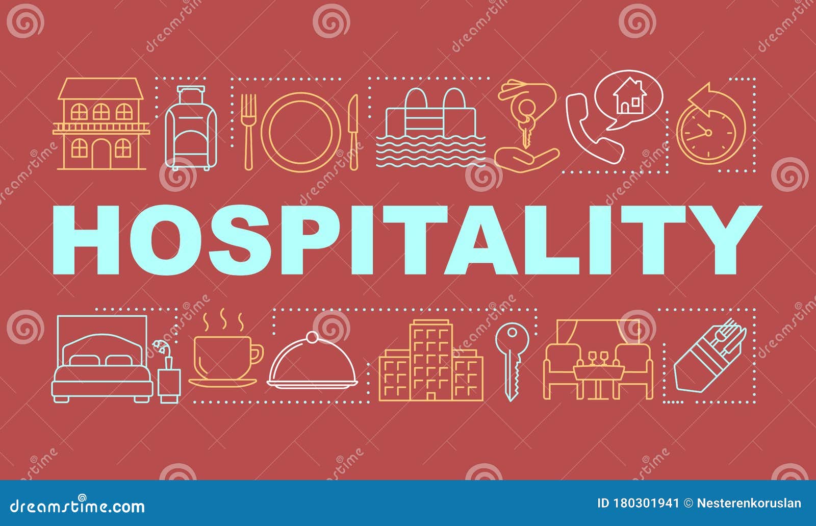 hospitality word  banner. lodging industry. restaurant and hotel service. presentation, website. 