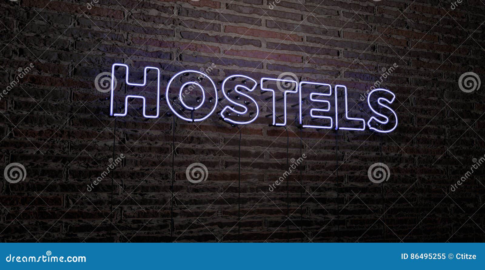 hostels -realistic neon sign on brick wall background - 3d rendered royalty free stock image
