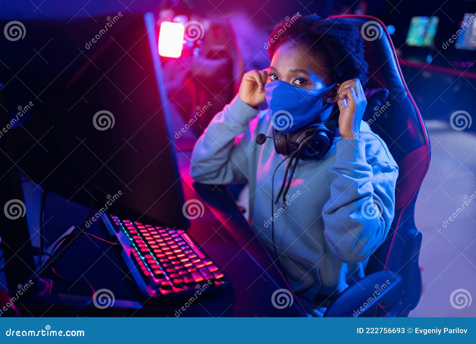 Hosting Online Video Game Tournaments Computer Clubs during Pandemic, American African Young Woman Wearing Protective Stock Image