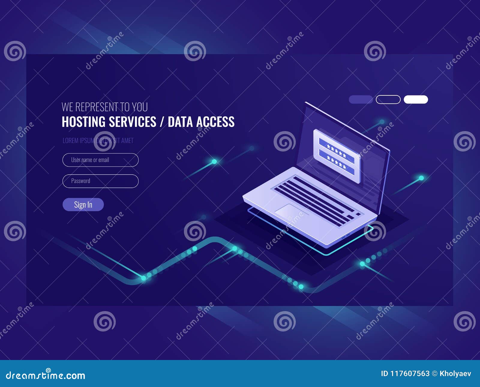 hosting services, user authorization form, login password, registration, laptop, network data access isometric 